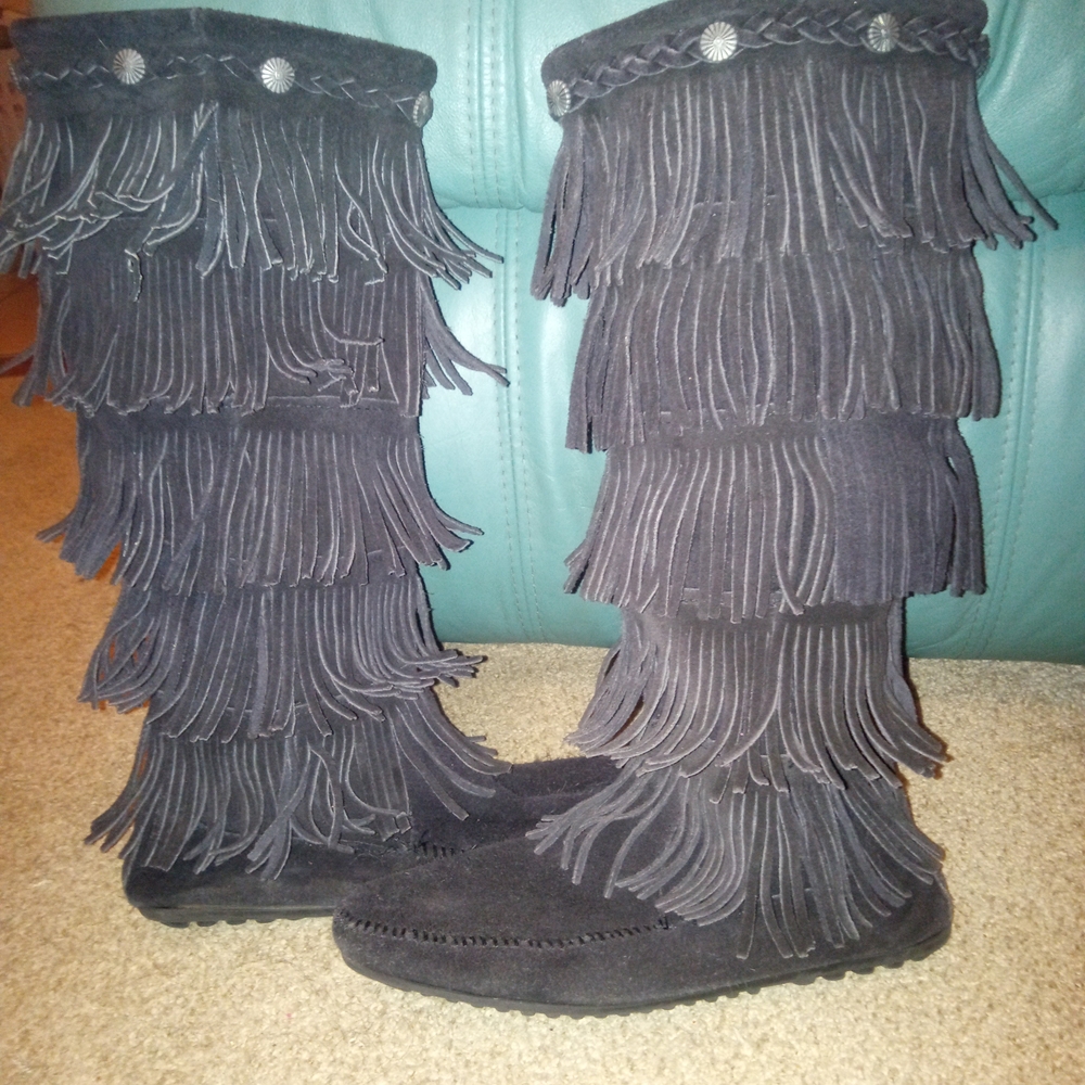 Minnetonka Triple Fringe Moccasin Boots - Dark Gray